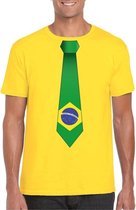 Geel t-shirt met Braziliaanse vlag stropdas heren - Brazilie fan supporter L