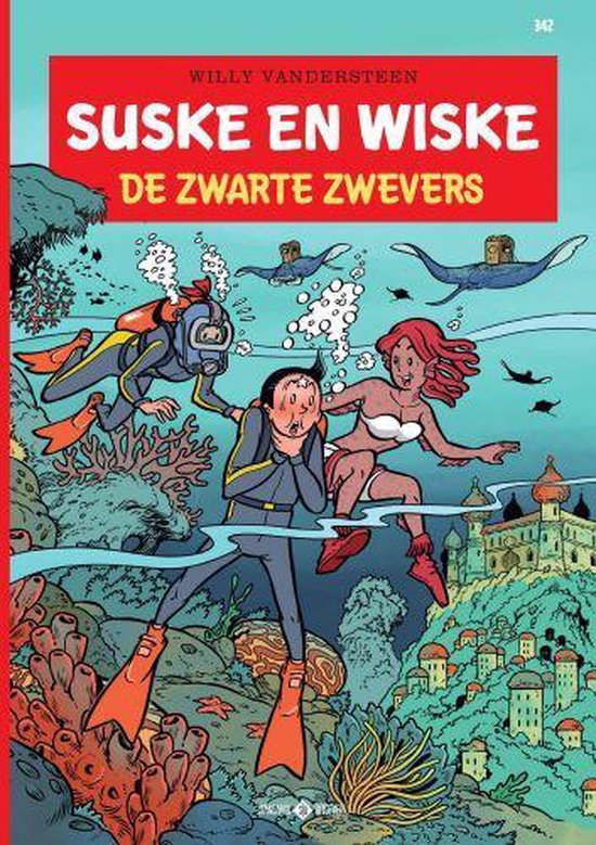 Suske en Wiske 342: De zwarte zwevers. Drie duikers verkennen de zeebodem, met een zeemeermin en onderwaterstad.