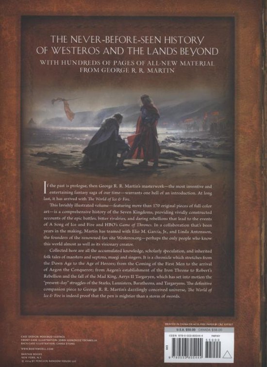 Boek "The World of Ice & Fire", achterkant met twee figuren die naar een landschap kijken.