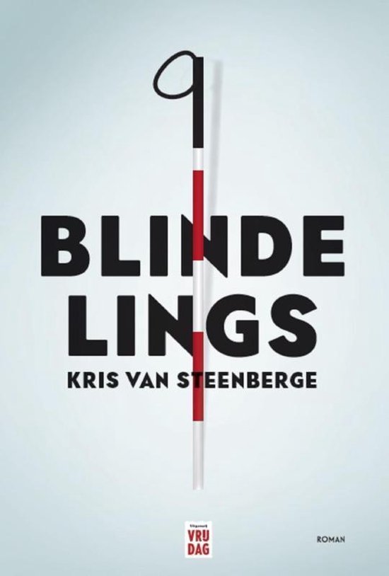 Boekcover 'Blindelings' van Kris van Steenberge met opvallende witte, rode en zwarte stok.