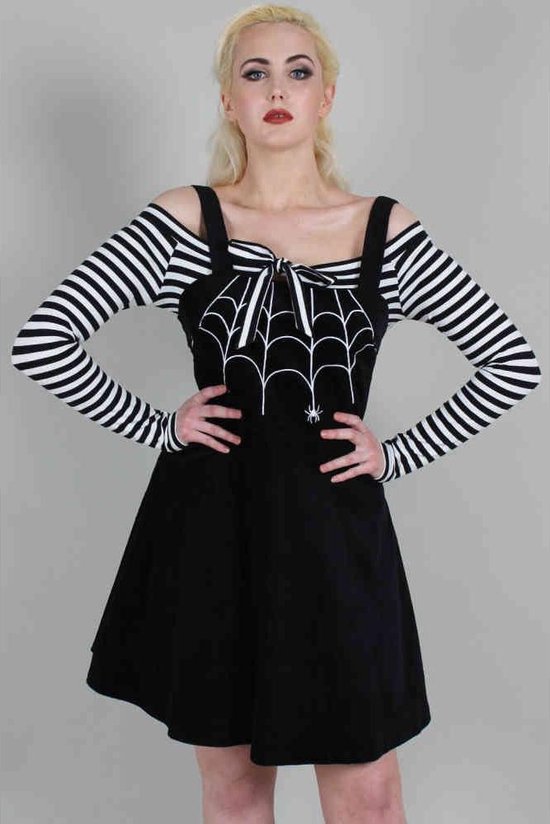Voodoo Vixen Skater Dress -M- Charlotte Spider Web Broderie Salopette Velours Côtelé Zwart