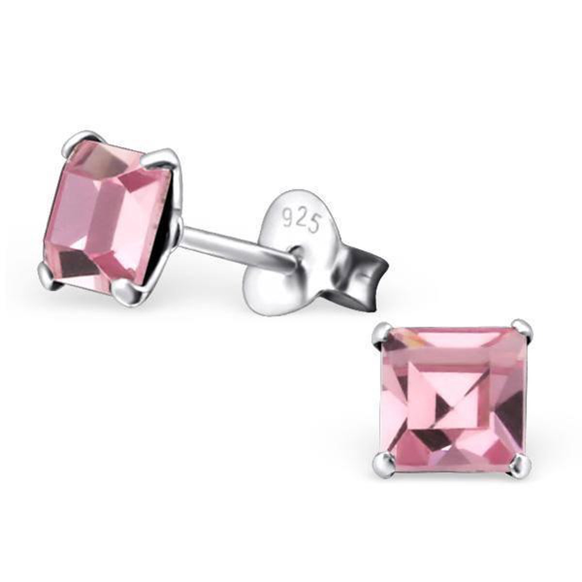 Aramat Jewels | Oorbellen | Zilveren Kristallen Oorstekers Vierkant – 925 Zilver Geometrisch | 6mm / Licht Roze | | | Zilver | Kinderen, Volwassenen | Verkleurd niet