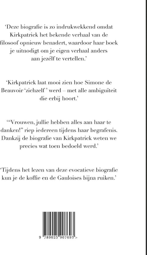 Boekomslag met citaten uit recensies, met daaronder een barcode.