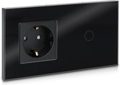 Touch-lichtschakelaar met stopcontact - Glazen paneel - Design touchschakelaar - Wandschakelaar met stekkerdoos - Zwart