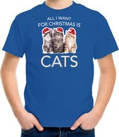 Kitten Kerstshirt / Kerst t-shirt All i want for Christmas is cats blauw voor kinderen - Kerstkleding / Christmas outfit L (140-152)