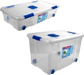 2x Opbergboxen/opbergdozen met deksel en wieltjes 30 en 55 liter kunststof transparant/blauw - Opbergbakken
