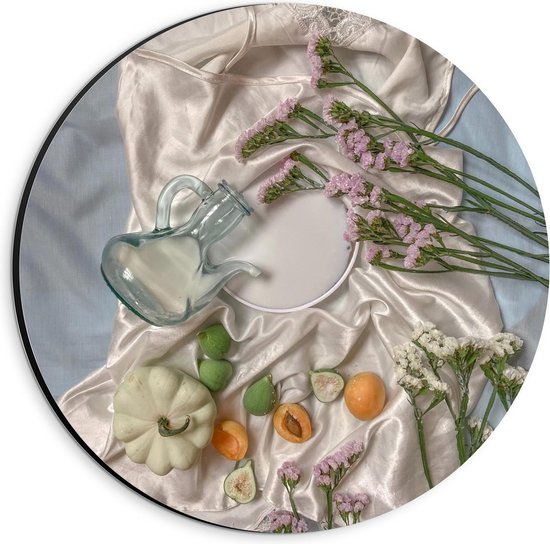 Dibond Wandcirkel - Satijnen Hemdje met Bloemen en Eten - 20x20cm Foto op Aluminium Wandcirkel (met ophangsysteem)