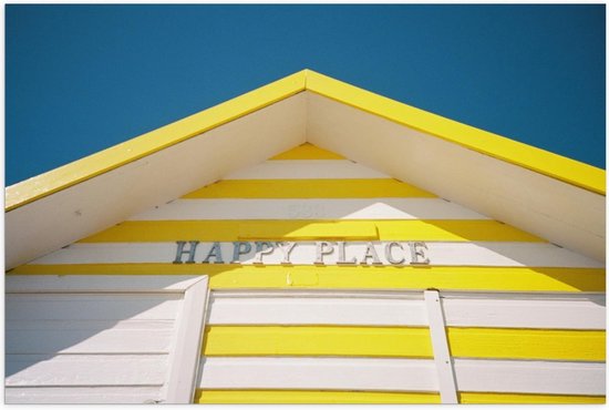Poster – ''Happy Place'' op Geel Strandhutje - 60x40cm Foto op Posterpapier