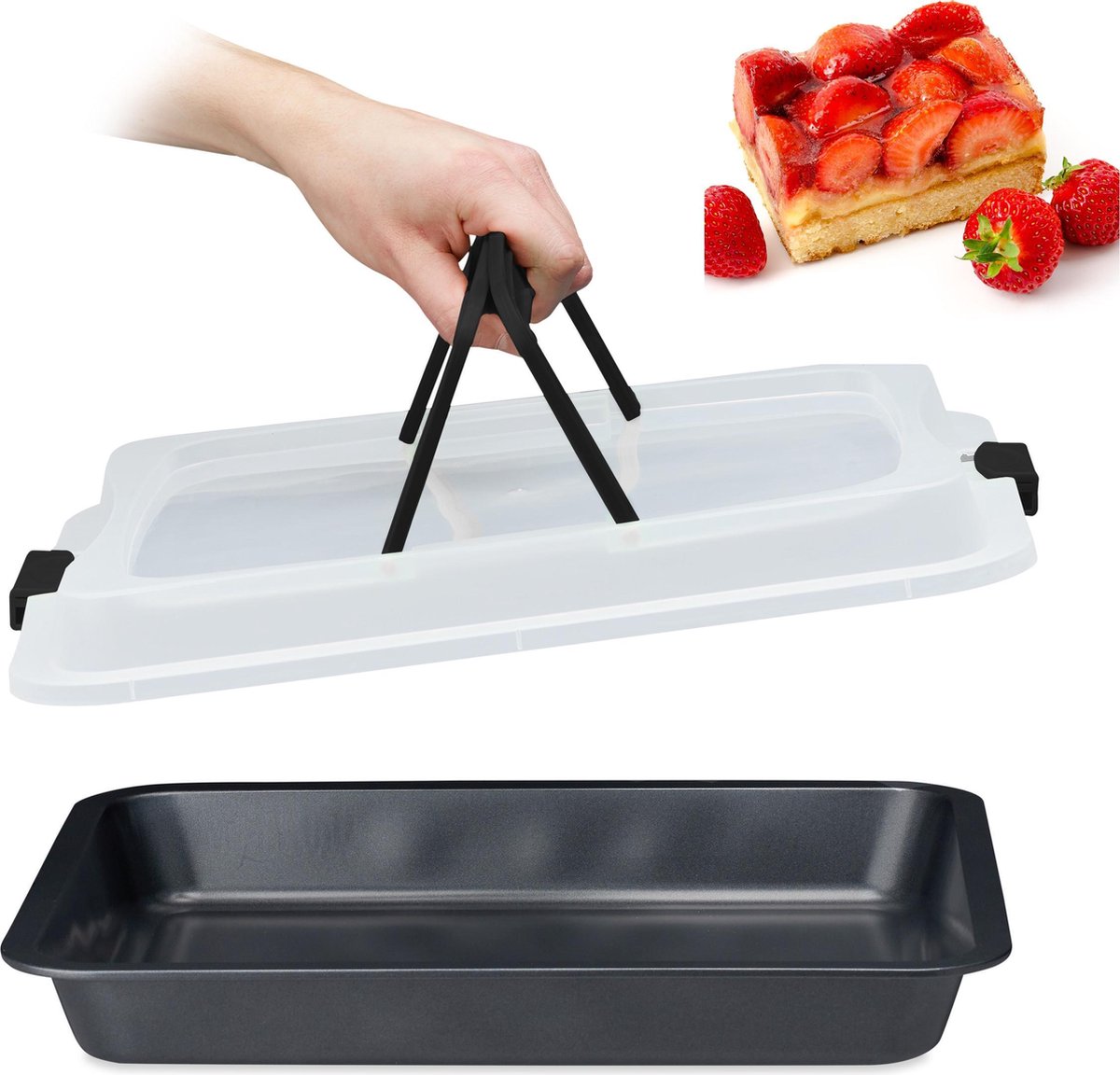 Relaxdays bakvorm met deksel - taartdoos - transportbox voor taart - 3 in 1 - zwart