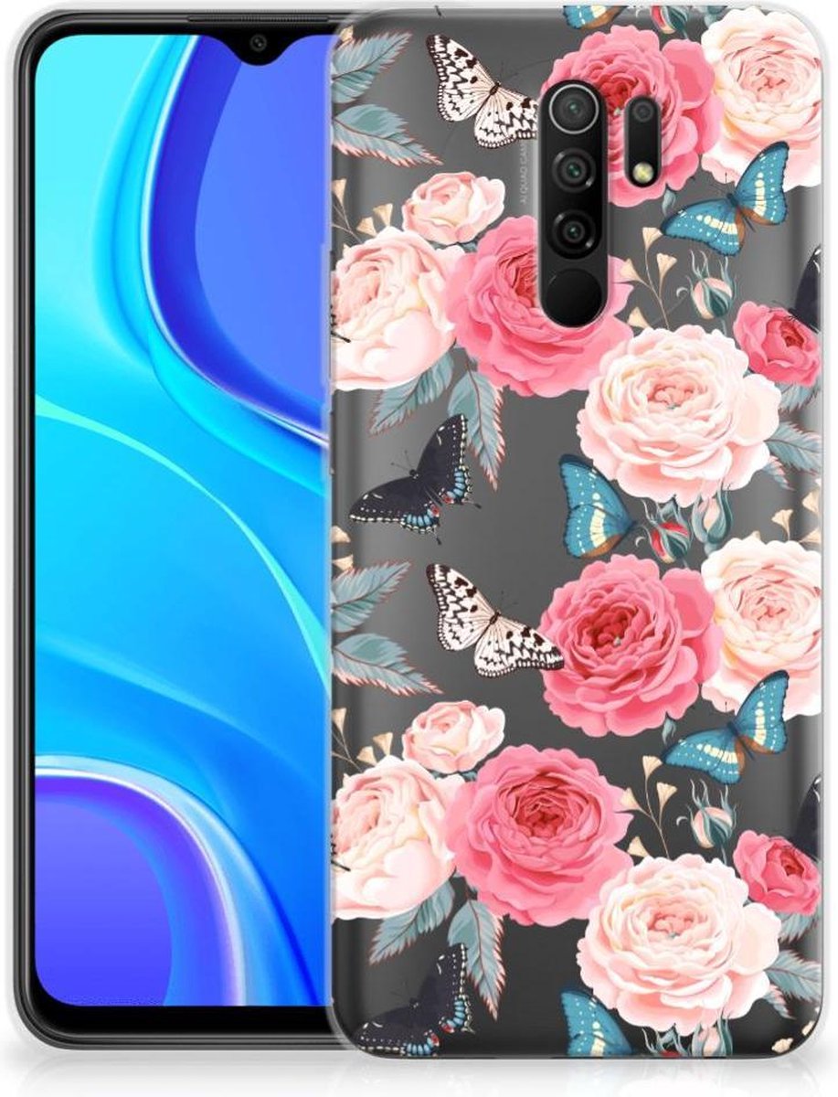 Back Cover voor Xiaomi Redmi 9 TPU Case Butterfly Roses