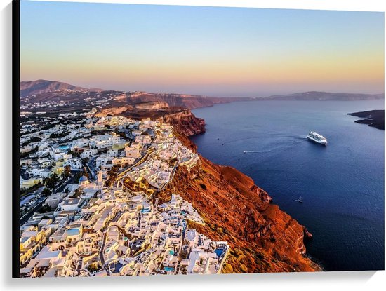Canvas  - Santorini Huisjes en Zee - Griekenland - 100x75cm Foto op Canvas Schilderij (Wanddecoratie op Canvas)