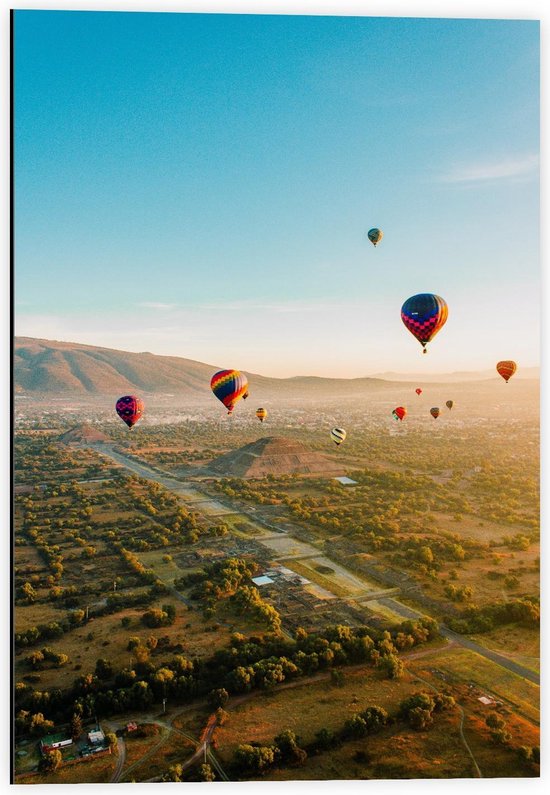 Dibond - Luchtballonnen tussen Bergen - 40x60cm Foto op Aluminium (Wanddecoratie van metaal)