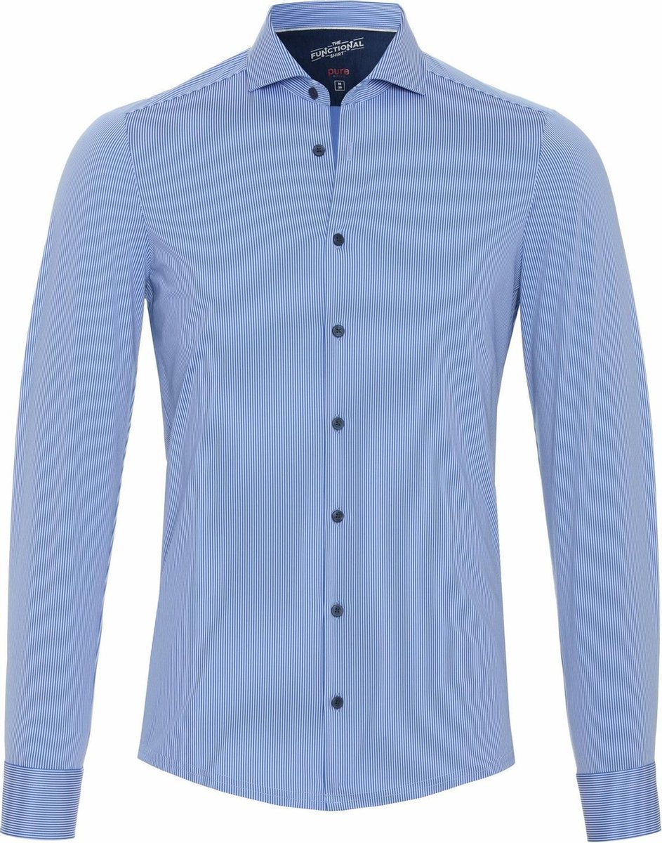 Pure Functional Overhemd Strepen Blauw - Maat 42 - Heren - Overhemden Casual