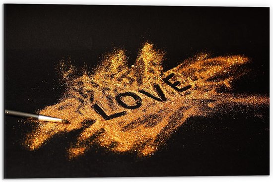 Dibond - Gouden Glitters 'Love' Ingeschreven - 60x40cm Foto op Aluminium (Met Ophangsysteem)