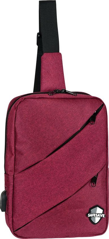 Foto: Safesave rugtas crossbodybag met usbaansluiting slingbag waterafstotend rugtas rugzak schoudertas tas telefoon of tablet opladen usb ingang rood