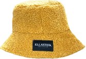 Ellastiek - teddy Bucket hat geel en panterprint - dubbelzijdig draagbaar vissershoedje - warme hoed-  handmade in Amsterdam