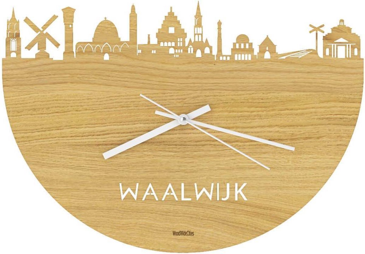Skyline Klok Waalwijk Eikenhout - Ø 40 cm - Stil uurwerk - Wanddecoratie - Meer steden beschikbaar - Woonkamer idee - Woondecoratie - City Art - Steden kunst - Cadeau voor hem - Cadeau voor haar - Jubileum - Trouwerij - Housewarming - WoodWideCities