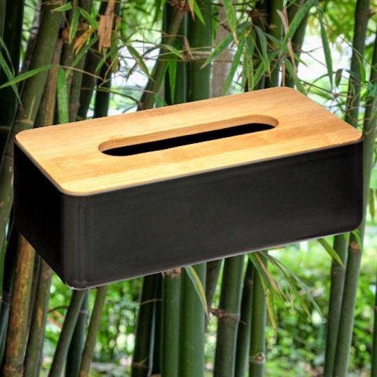 5Five Tissuedoos/zakdoekjes box - zwart - MDF hout - bamboe deksel - 25