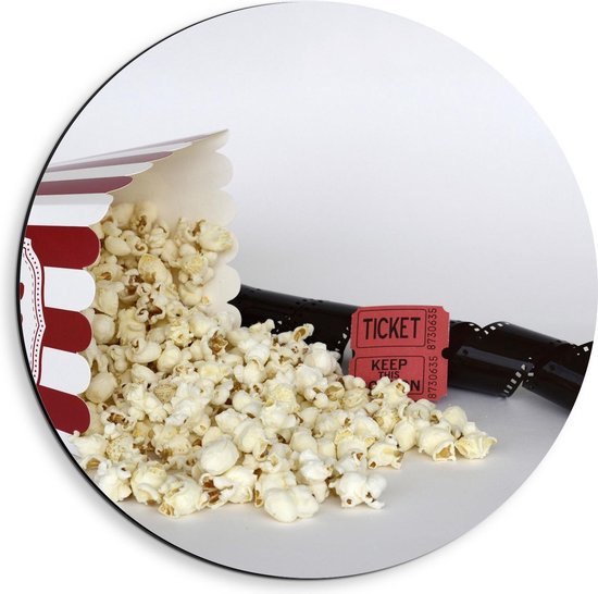 Dibond Wandcirkel - Zwarte Filmrol met Popcorn en Film Ticket - 40x40cm Foto op Aluminium Wandcirkel (met ophangsysteem)