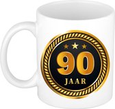 90 jaar jubileum/ verjaardag mok medaille/ embleem zwart goud - Cadeau beker