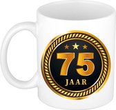 75 jaar jubileum/ verjaardag mok medaille/ embleem zwart goud - Cadeau beker verjaardag, jubileum, 75 jaar in dienst