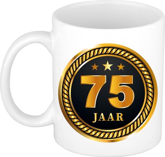 75 jaar jubileum/ verjaardag mok medaille/ embleem zwart goud - Cadeau beker verjaardag, jubileum, 75 jaar in dienst
