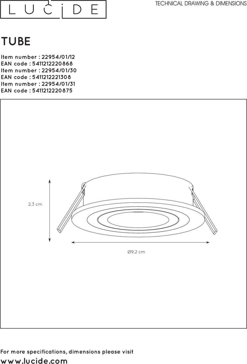 Lucide TUBE - Spot encastrable - Ø 9,2 cm - 1xGU10 - Noir