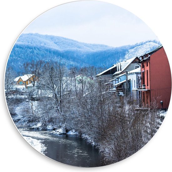 Forex Wandcirkel - Plaatje van Huisjes in de Sneeuw - Foto op Wandcirkel (met ophangsysteem)