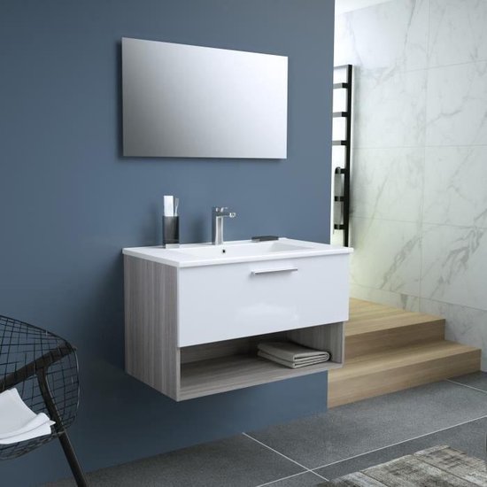BENTO Enkele wastafel badkamer + spiegel L 80 cm - 1 langzaam sluitende  lade - Wit | bol.com
