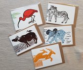 Set van 5 handgedrukte dubbele wenskaarten Afrikaanse dieren "The Beautiful 5" - Kaartjes om te versturen - kaartenset - Artisjok Mobiel