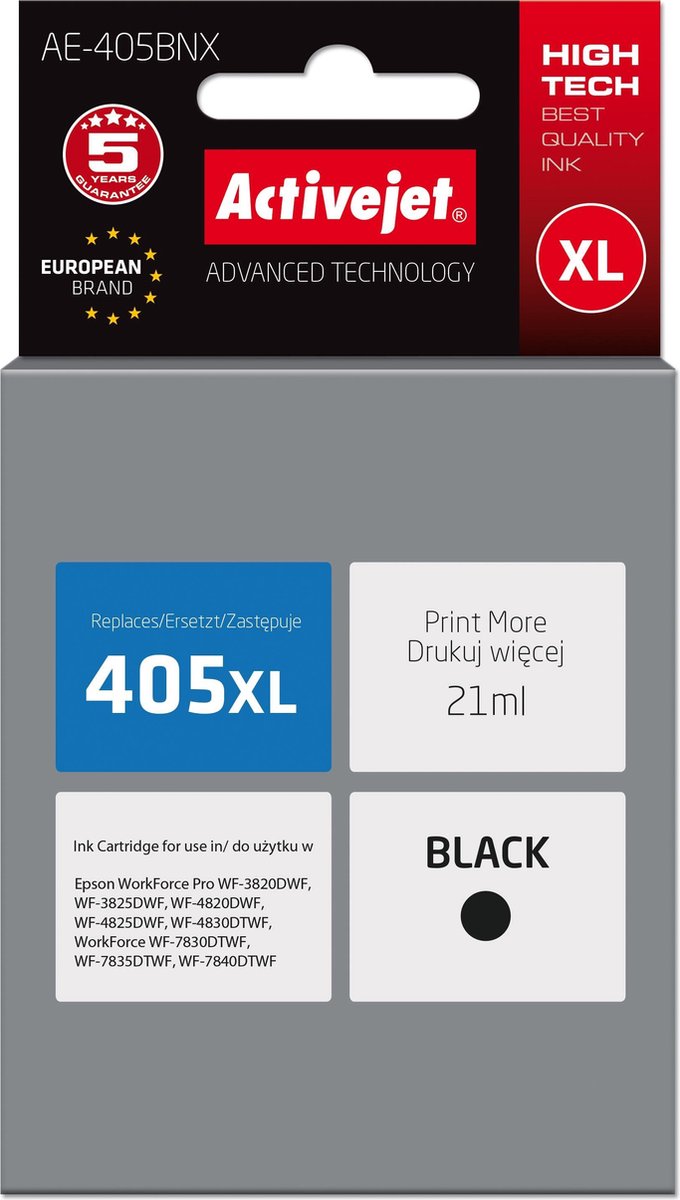 ActiveJet AE-405BNX-inkt voor Epson-printer; Epson 405XL C13T05H14010 Vervanging; Opperste; 21 ml; zwart.