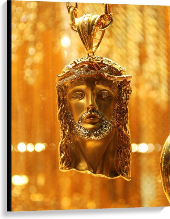 Canvas  - Foto Van een Gouden Jezus Ketting  - 75x100cm Foto op Canvas Schilderij (Wanddecoratie op Canvas)