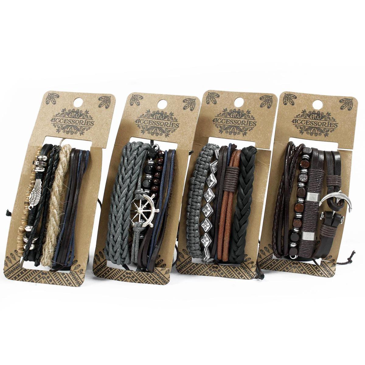 Heren armbandensets - metaal & leer (assortiment)