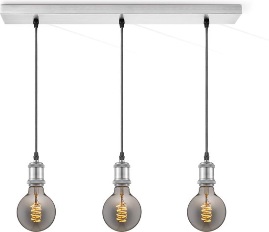 Home Sweet Home hanglamp geborsteld staal vintage - hanglamp inclusief 3 LED filament lamp G125 dubbele spiraal - dimbaar - pendel lengte 100 cm - inclusief E27 LED lamp - rook