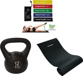 Tunturi - Fitness Set - Kettlebell 12  kg - Fitnessmat 160 x 60 x 0,7 cm - Weerstandsbanden 5 stuks