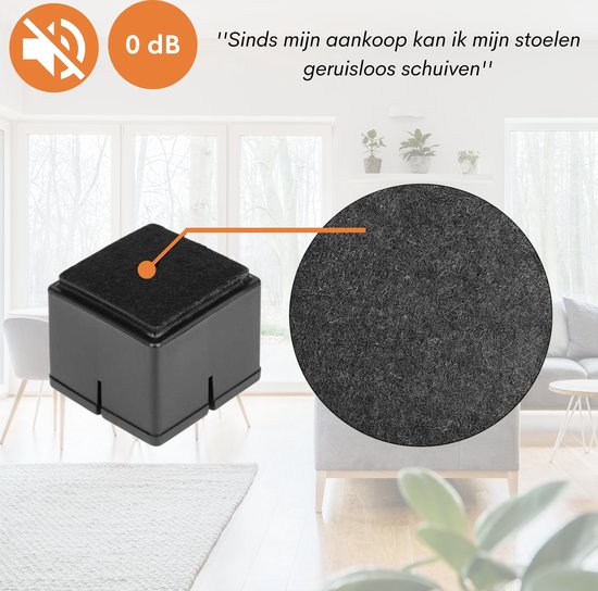 FLOOQ - Couvre-jambes de chaise - avec Feutre anti-rayures - Protège-jambes de chaise - Protection du sol - Protège-jambes de chaise - 24 pièces - 30-35mm - Zwart - Carré