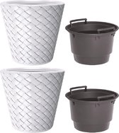 Set van 2x Kunststof Matuba wit bloempotten/plantenpotten 19 liter met inzetpot 11 liter