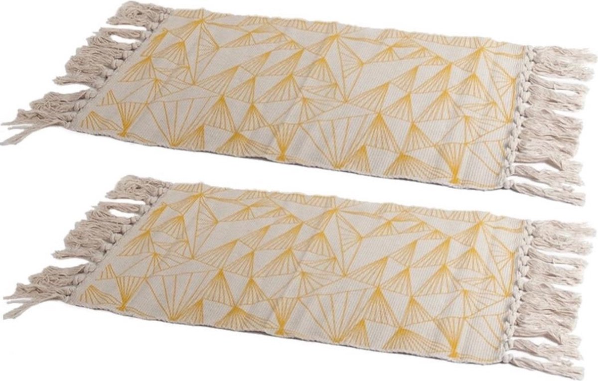 Set van 2x stuks gele/naturel hammam stijl badmat 45 x 70 cm rechthoekig - Geometrische print - Badmatten - Badkamerkleedje