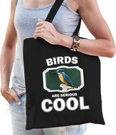 Dieren ijsvogel zittend  katoenen tasje volw + kind zwart - birds are cool boodschappentas/ gymtas / sporttas - cadeau vogels fan