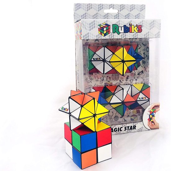 Rubik's Magic Star 2-pack met een gestapelde kubus en een sterrenpuzzel in de verpakking. Kleuren: rood, geel, blauw, wit, oranje.