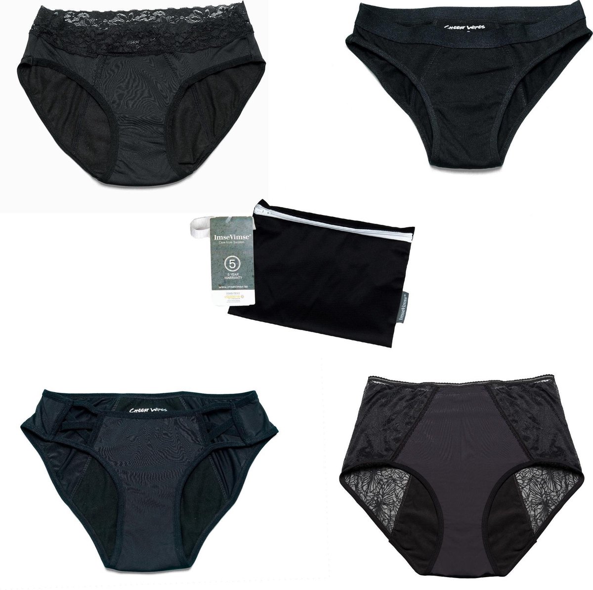 Set van 4 + wetbag - Cheeky Wipes menstruatie ondergoed Feeling Pretty + Sassy + Sporty + Comfy - zwart