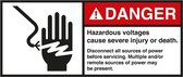 Danger Hazardous voltage causes injuries sticker, ANSI, 2 per vel 45 x 100 mm