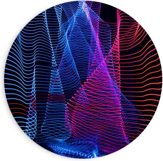 Forex Wandcirkel - Abstracte Blauw met Roze Lichtgevende Strepen - 90x90cm Foto op Wandcirkel (met ophangsysteem)