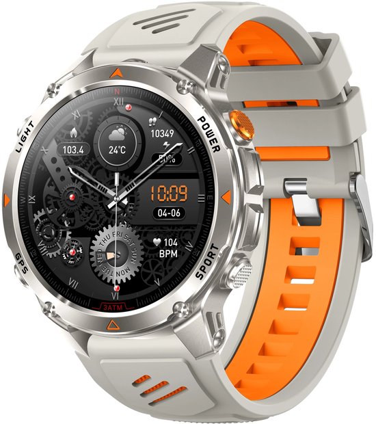 DrPhone ChronaX Titan GPS Smartwatch – Bluetooth Bellen – Waterdicht – Hartslag/Slaap/Bloedzuurstof metingen – 1.46' HD – Heren Dames - Led licht - Nederlands App + Horloge taal – Zilver