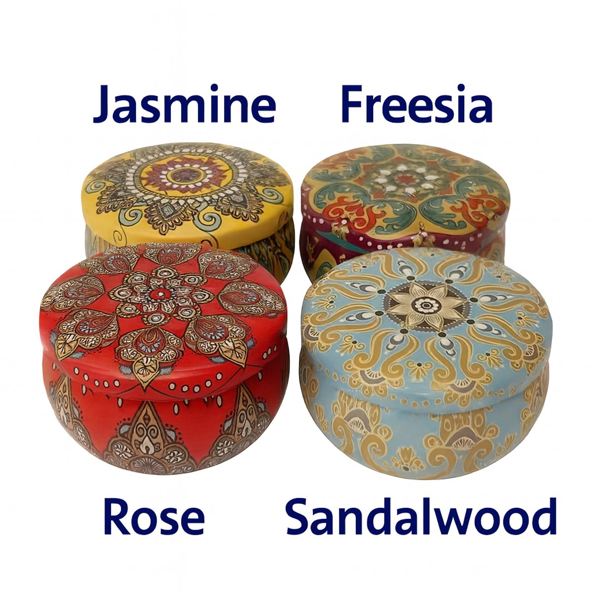 4-delige Geurkaars Set – Jasmijn • Sandelhout • Roos – Luxe Cadeau Sfeerkaarsen
