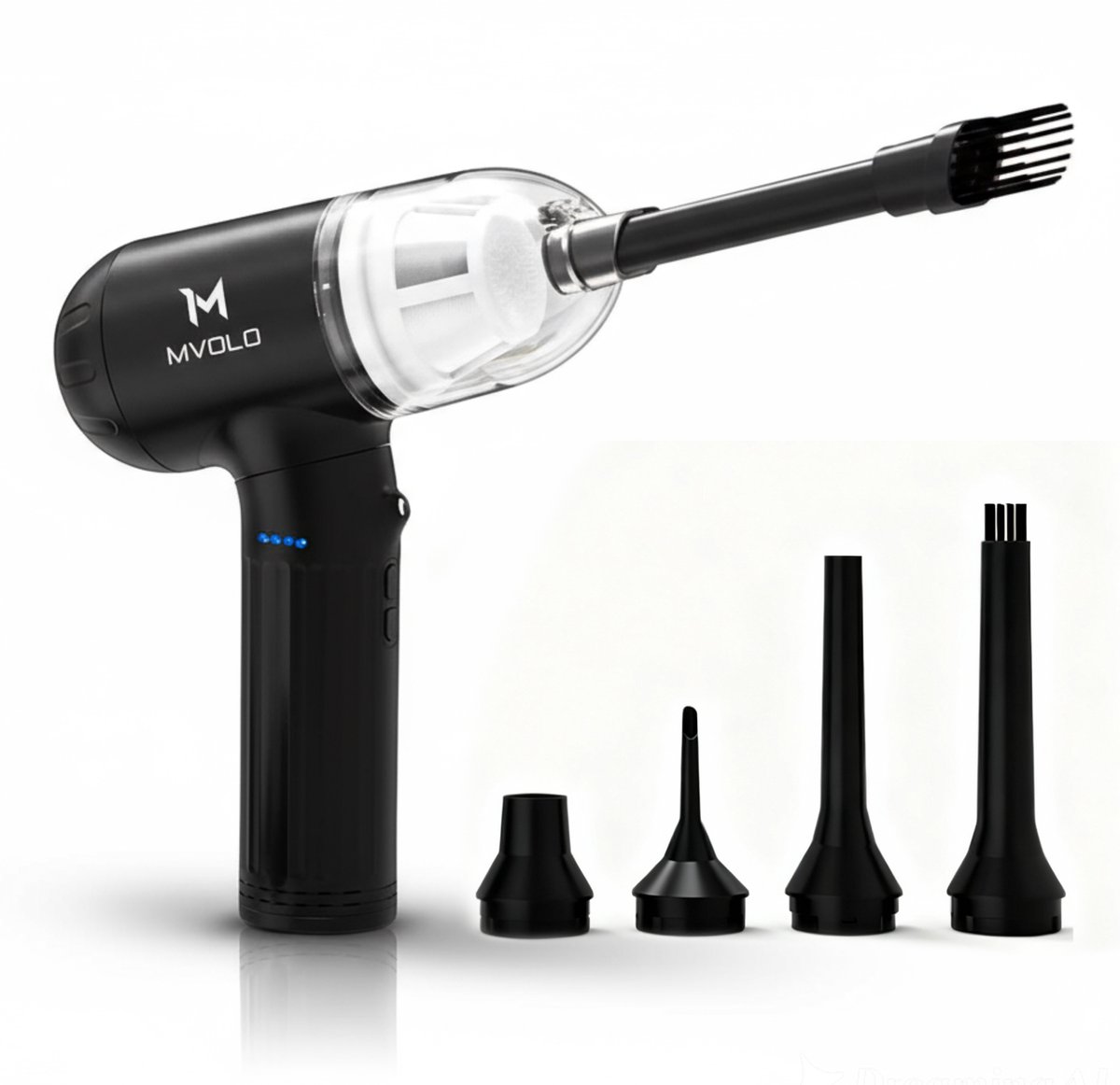 Mvolo Air Duster X Pro - Multifunctionele 4-in-1 Air Duster - Blazen & Zuigen - 90.000 RPM - Draadloos & Krachtig - 11-delige Set - 7500mAh - Kruimeldief - Vacuümpomp - incl lamp schoonmaakset & extra filter