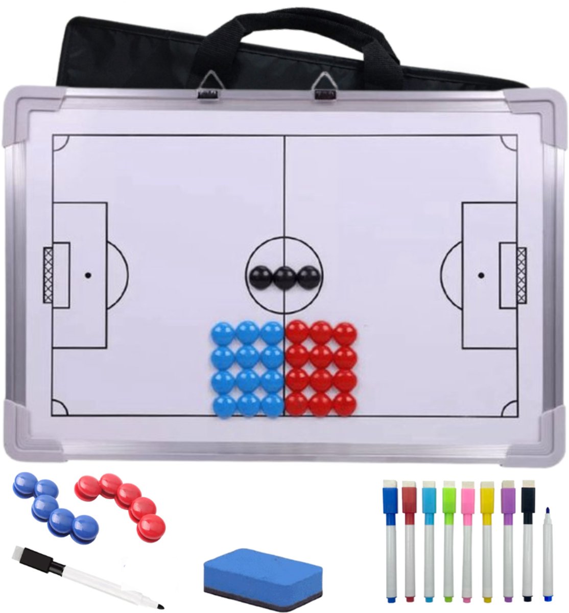 Tacktiekbord voetbal - INCLUSIEF Draagtas & Stiften! - WM Sports - Coachbord voetbal - voetbal magneetbord voetbal - tacktiekbord wit - voetbal whiteboard - tactiekbord voetbal met draagtas - Dubbelzijdig - Magnetisch - 45.5 x 30.5 cm - Wit