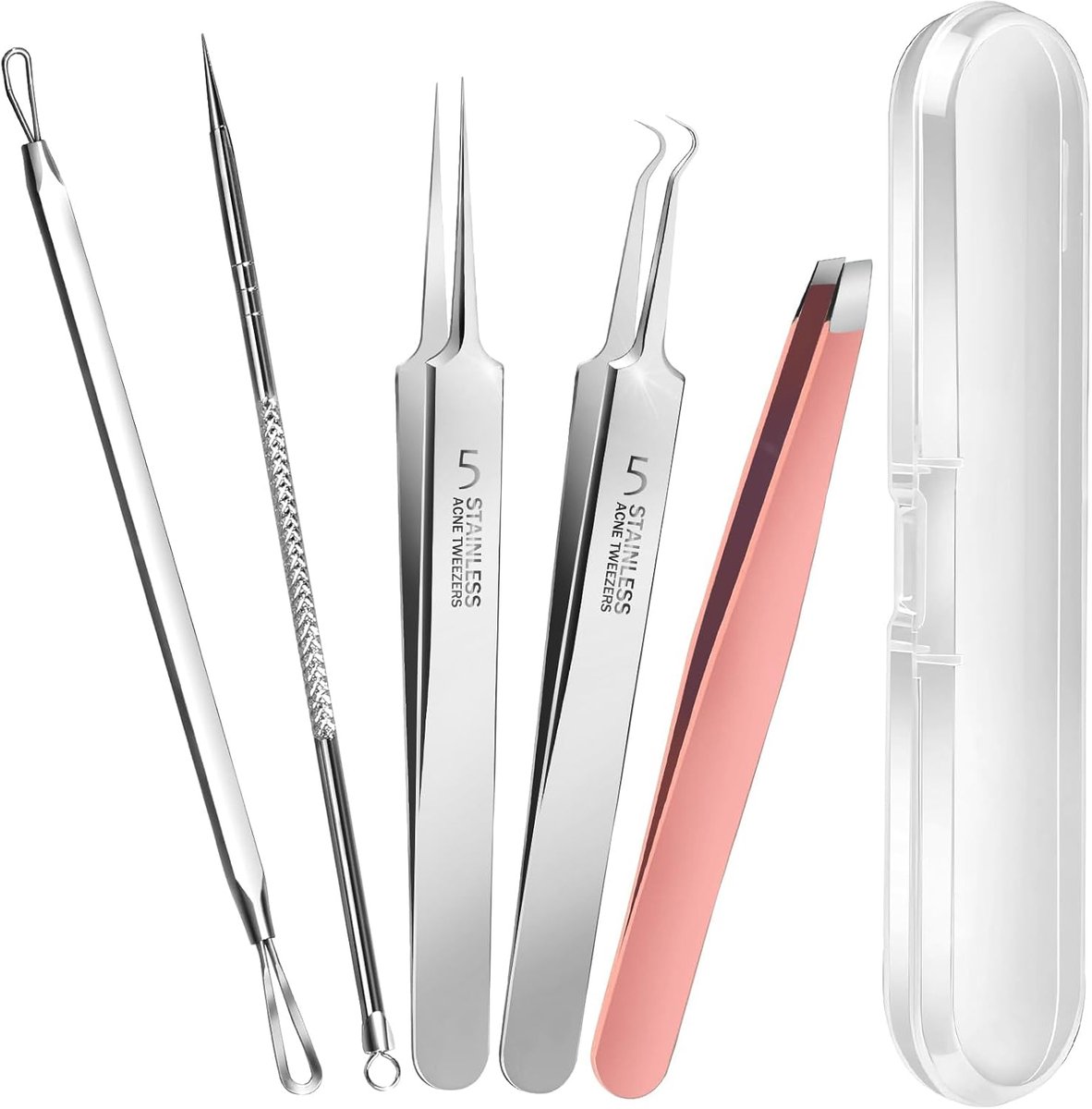 Blackhead Remover en Pimple Popper Tool Kit - 2 Blackhead Extractors - 1 Ingrown Hair Tweezers - 2 Pimple Removers - Gezichtsreiniging Tool