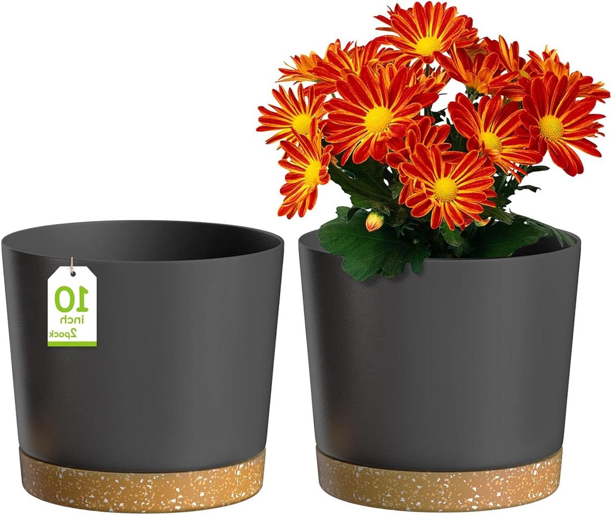 CSGoods - Moderne Plant Potten met Afvoergaten en Afneembare Schotel, Plastic Bloempotten voor Planten - Huis Tuin Vensterbank - Donkergrijs - Set van 2