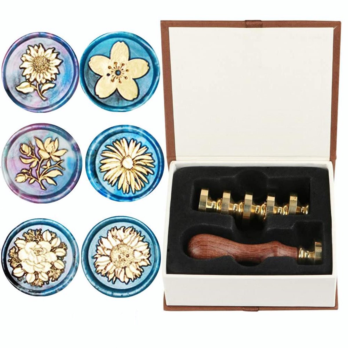 CSGoods - Waszegel Stempelset met Kersen, Kamille, Zonnebloem, Roos en Magnolia - Inclusief 6 Stuks Zegellak Stempels en Koperen Zegels + Houten Splijtsteen